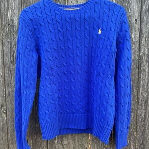 Ralph Lauren Boys 10/12 Blue Cable Knit Cotton Sweater Iconic Polo Logo